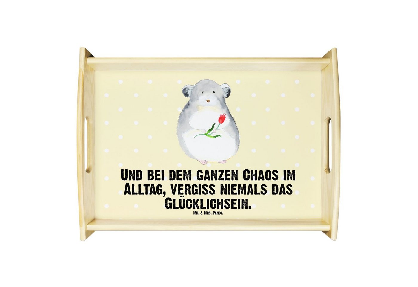 Mr. & Mrs. Panda Tablett Chinchilla Blume - Gelb Pastell - Geschenk, Chaos, Tiere, Gute Laune, Echtholz lasiert, (1-tlg), Strahlender Aufdruck von Mr. & Mrs. Panda