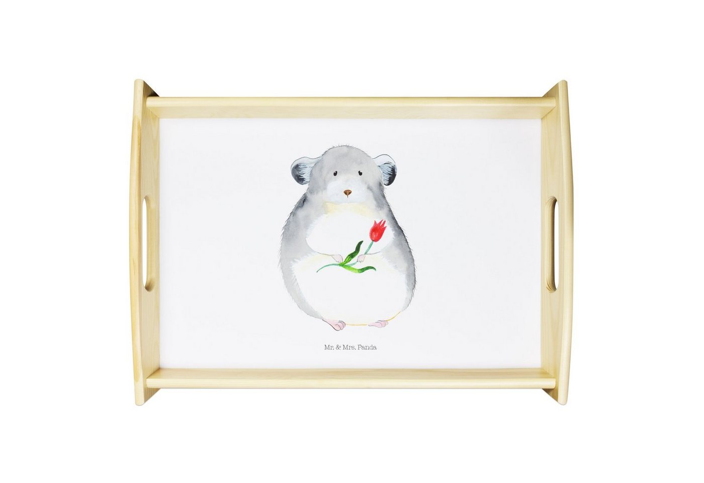 Mr. & Mrs. Panda Tablett Chinchilla mit Blume - Weiß - Geschenk, Kummer, Küchentablett, Büro, Echtholz lasiert, (1-tlg) von Mr. & Mrs. Panda