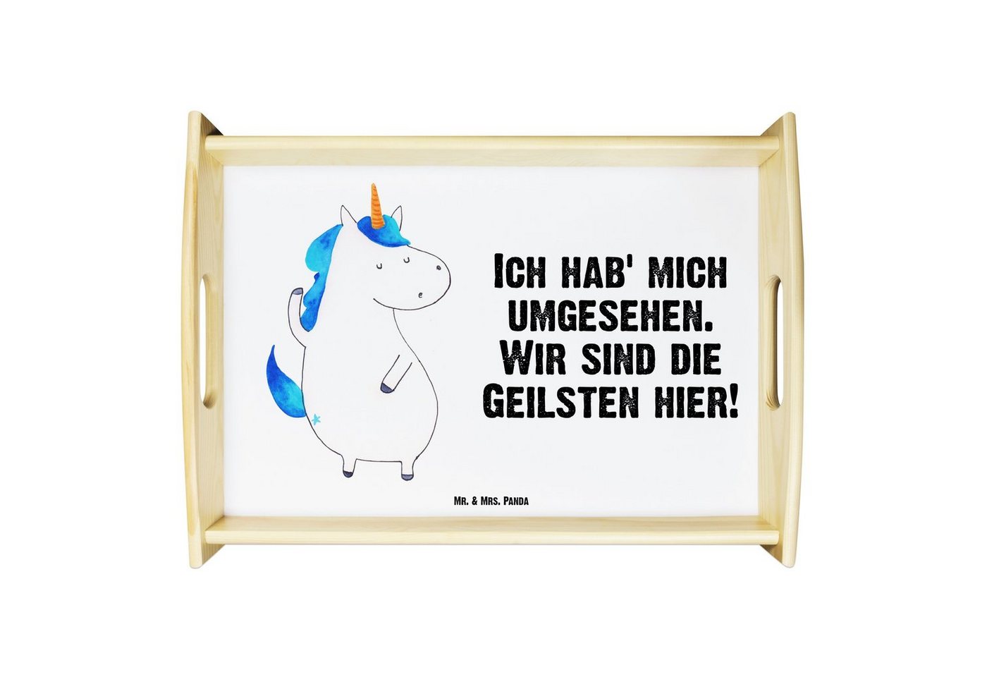 Mr. & Mrs. Panda Tablett Einhorn Mann - Weiß - Geschenk, Freundin, bester Freund, Einhörner, h, Echtholz lasiert, (1-tlg), Strahlender Aufdruck von Mr. & Mrs. Panda