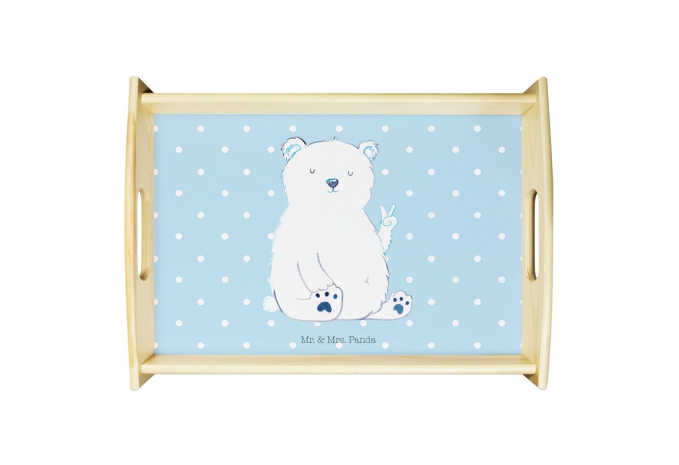 Mr. & Mrs. Panda Tablett Eisbär Faul - Blau Pastell - Geschenk, Frühstückstablett, Küchentable, Echtholz lasiert, (1-tlg), Anti-Rutsch Pads von Mr. & Mrs. Panda