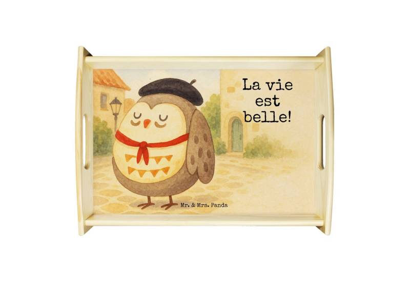 Mr. & Mrs. Panda Tablett Eule Frankreich Design, sofatablett, Weiß, Spruch, betttablett, table, Echtholz lasiert, (Packung, 1-tlg) von Mr. & Mrs. Panda
