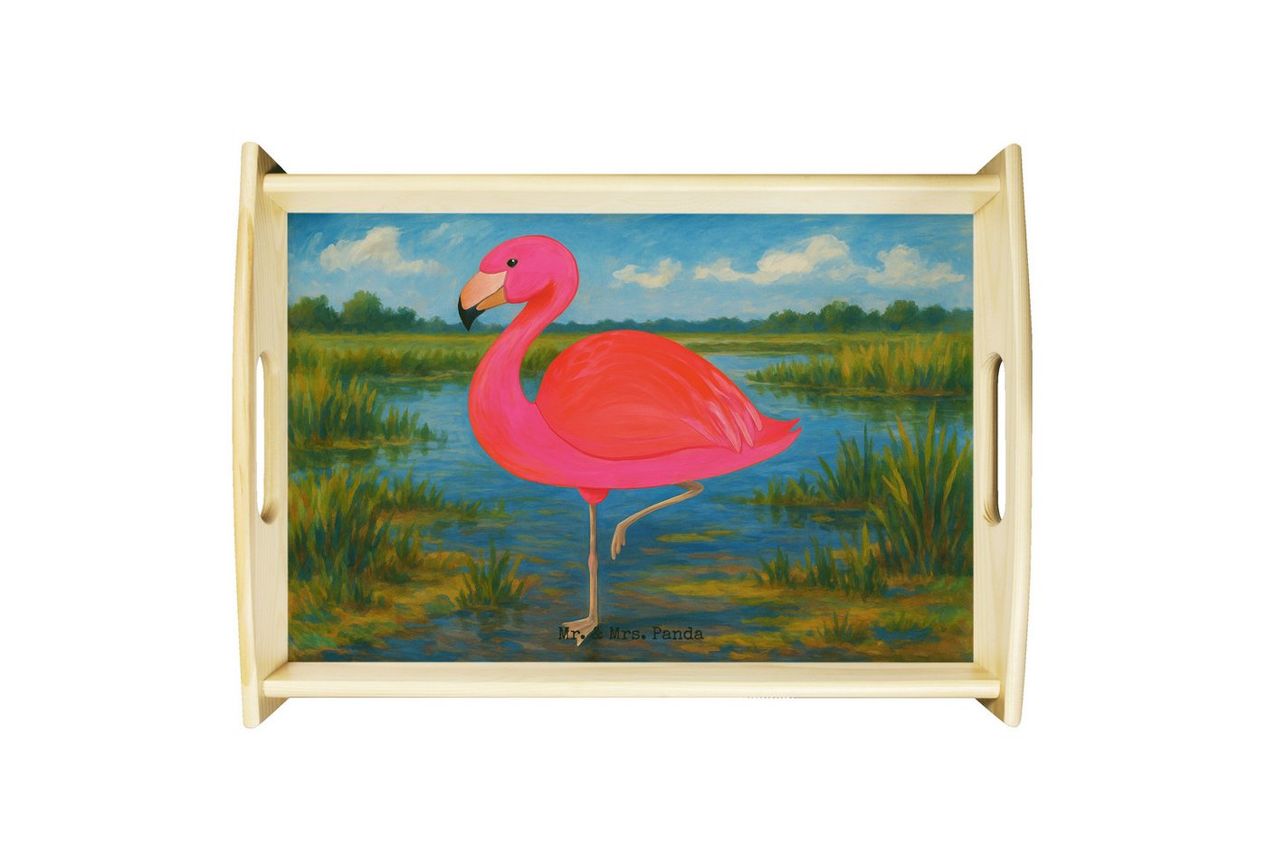 Mr. & Mrs. Panda Tablett Flamingo Classic Design, Tablett, Weiß, Holztablett, Geschwister, Spr, Echtholz lasiert, (Packung, 1-tlg) von Mr. & Mrs. Panda