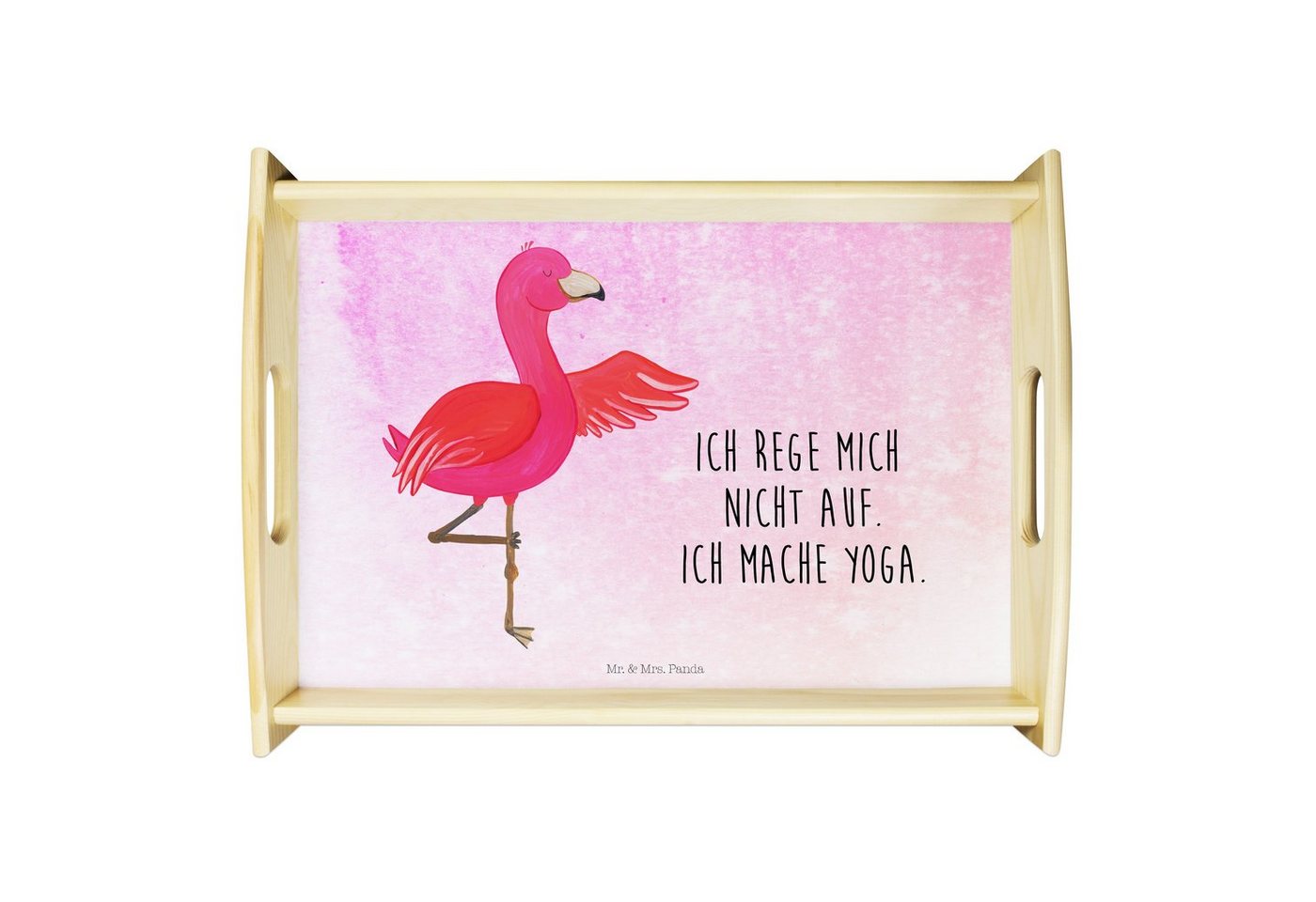 Mr. & Mrs. Panda Tablett Flamingo Yoga - Aquarell Pink - Geschenk, Aufregen, Dekotablett, Acht, Echtholz lasiert, (1-tlg), Kratzfeste Oberfläche von Mr. & Mrs. Panda