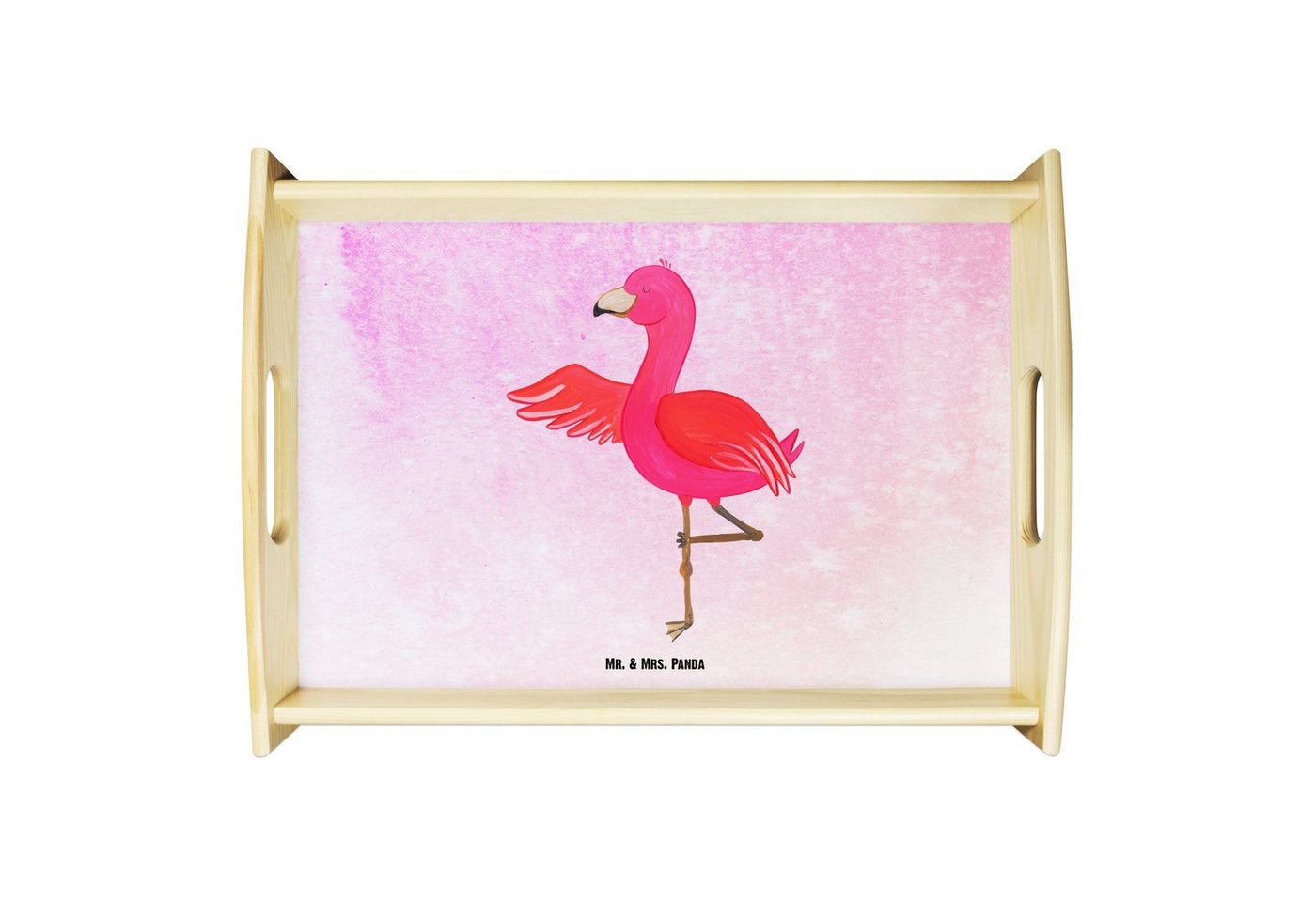 Mr. & Mrs. Panda Tablett Flamingo Yoga - Aquarell Pink - Geschenk, Tablett, Rosa, Ärger, Baum, Echtholz lasiert, (1-tlg), Anti-Rutsch Pads von Mr. & Mrs. Panda