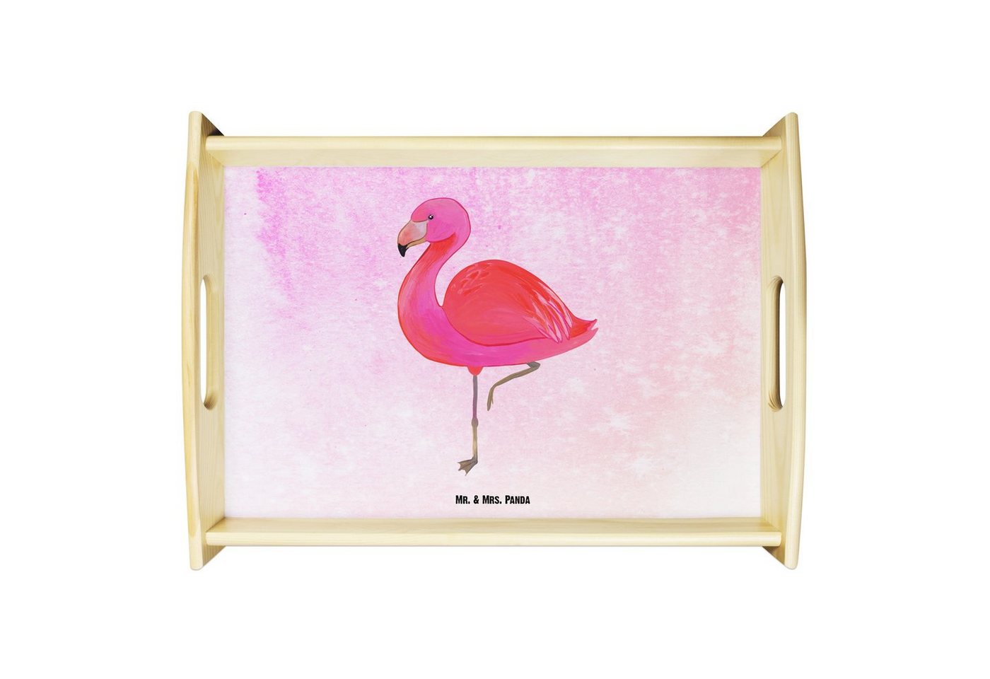 Mr. & Mrs. Panda Tablett Flamingo Classic - Aquarell Pink - Geschenk, Dekotablett, Freundin, K, Echtholz lasiert, (1-tlg), Anti-Rutsch Pads von Mr. & Mrs. Panda