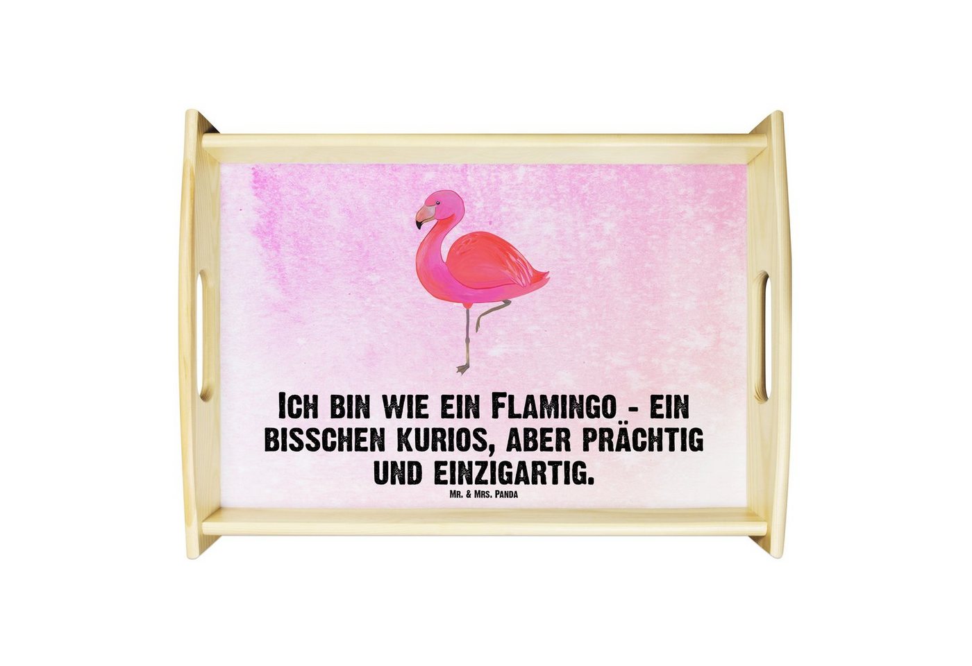 Mr. & Mrs. Panda Tablett Flamingo Classic - Aquarell Pink - Geschenk, Tablett, ich, Holztablet, Echtholz lasiert, (1-tlg), Kratzfeste Oberfläche von Mr. & Mrs. Panda