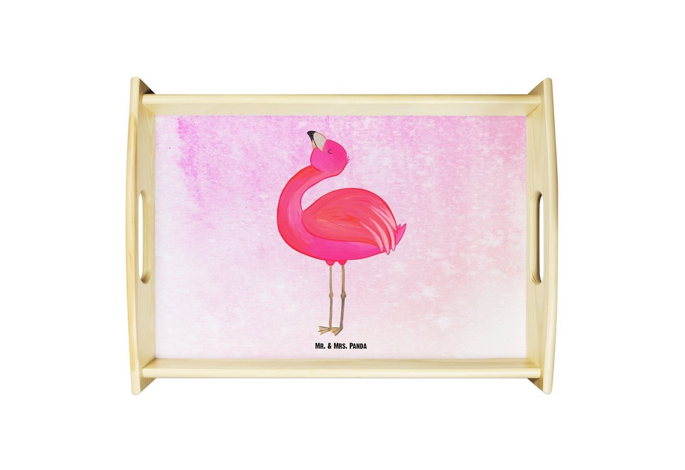 Mr. & Mrs. Panda Tablett Flamingo Stolz - Aquarell Pink - Geschenk, glücklich, Küchentablett, Echtholz lasiert, (1-tlg), Anti-Rutsch Pads von Mr. & Mrs. Panda