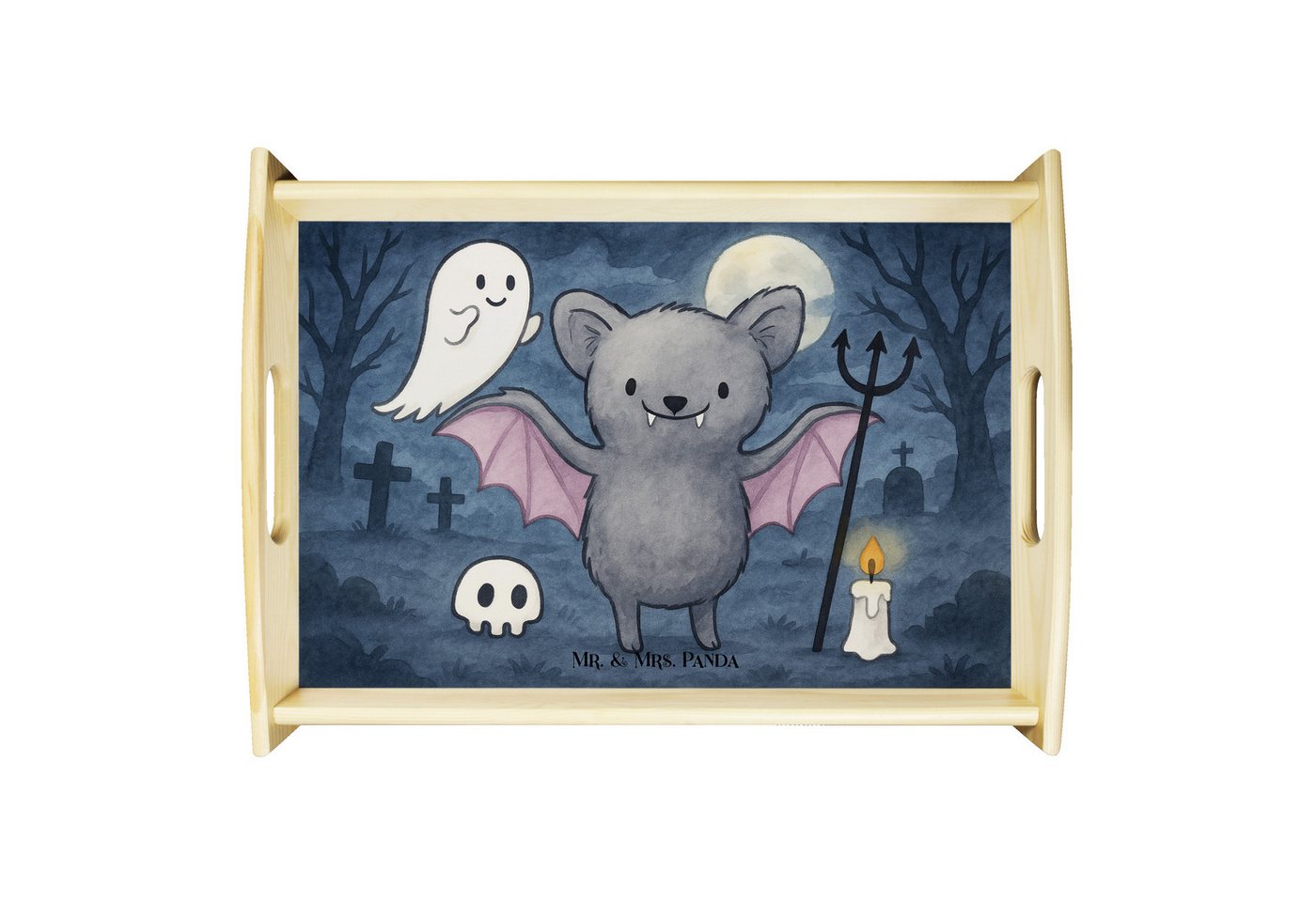 Mr. & Mrs. Panda Tablett Fledermaus Dracula Design, Dekotablett, Weiß, sofatablett, Serviertab, Echtholz lasiert, (Packung, 1-tlg) von Mr. & Mrs. Panda