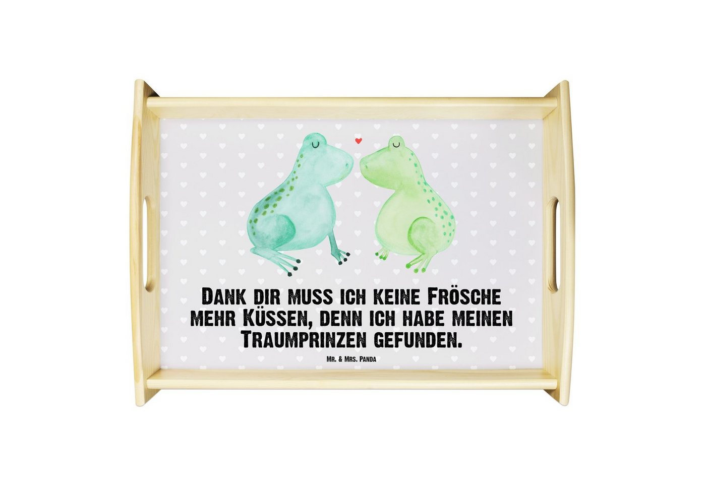 Mr. & Mrs. Panda Tablett Frosch Liebe - Grau Pastell - Geschenk, Kuss, Heiratsantrag, Tablett, Echtholz lasiert, (1-tlg), Anti-Rutsch Pads von Mr. & Mrs. Panda