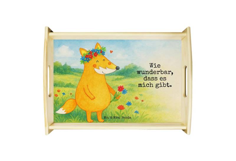 Mr. & Mrs. Panda Tablett Fuchs Blumen Design, Tablett, Weiß, betttablett, serviertablett aus h, Echtholz lasiert, (Packung, 1-tlg) von Mr. & Mrs. Panda