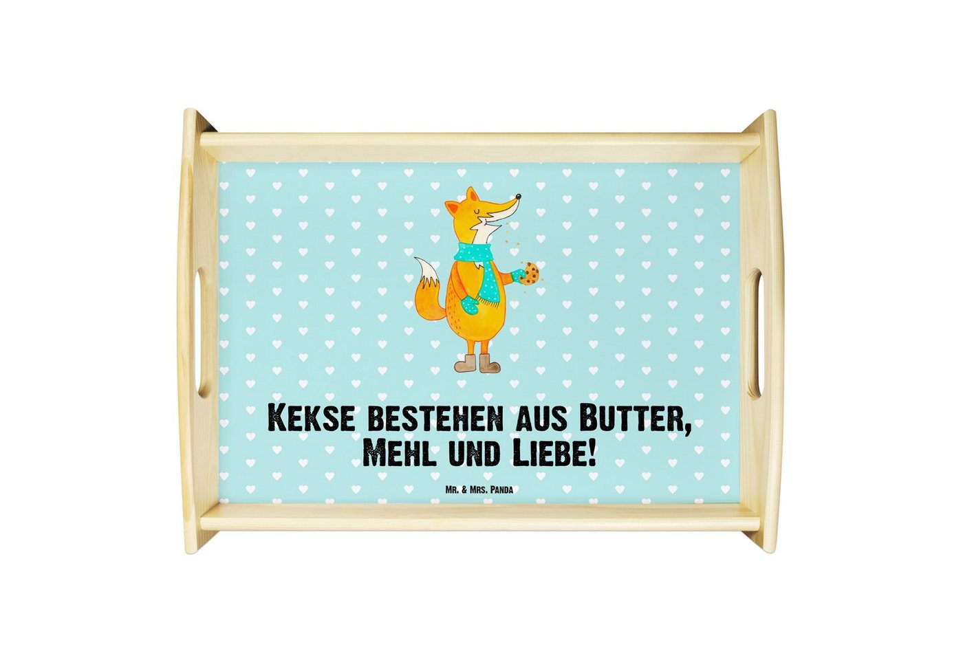 Mr. & Mrs. Panda Tablett Fuchs Keks - Türkis Pastell - Geschenk, frieren, Küchentablett, Frühs, Echtholz lasiert, (1-tlg), Anti-Rutsch Pads von Mr. & Mrs. Panda