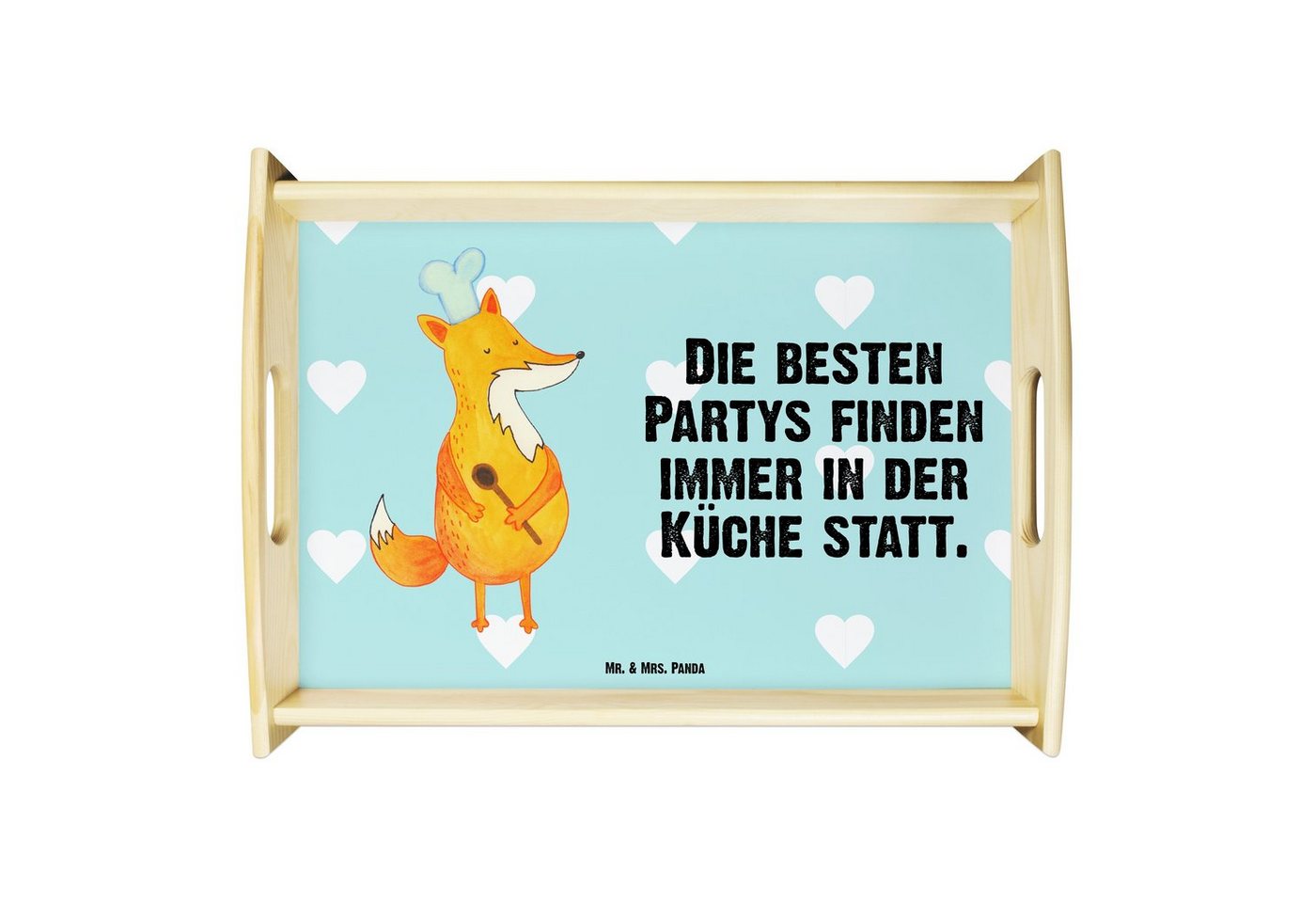 Mr. & Mrs. Panda Tablett Fuchs Koch - Türkis Pastell - Geschenk, Holztablett, Frühstückstablet, Echtholz lasiert, (1-tlg), Anti-Rutsch Pads von Mr. & Mrs. Panda