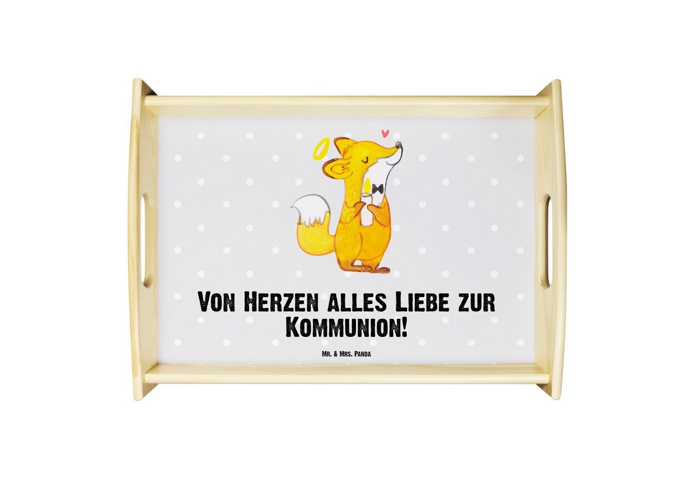 Mr. & Mrs. Panda Tablett Fuchs Kommunion - Grau Pastell - Geschenk, Frühstückstablett, Jugendw, Echtholz lasiert, (1-tlg), Anti-Rutsch Pads von Mr. & Mrs. Panda