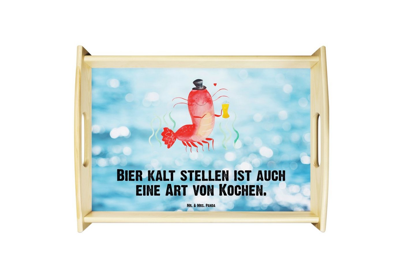 Mr. & Mrs. Panda Tablett Hummer Weizen - Oceanblue - Geschenk, Frühstückstablett, Tablett, Küc, Echtholz lasiert, (1-tlg), Anti-Rutsch Pads von Mr. & Mrs. Panda