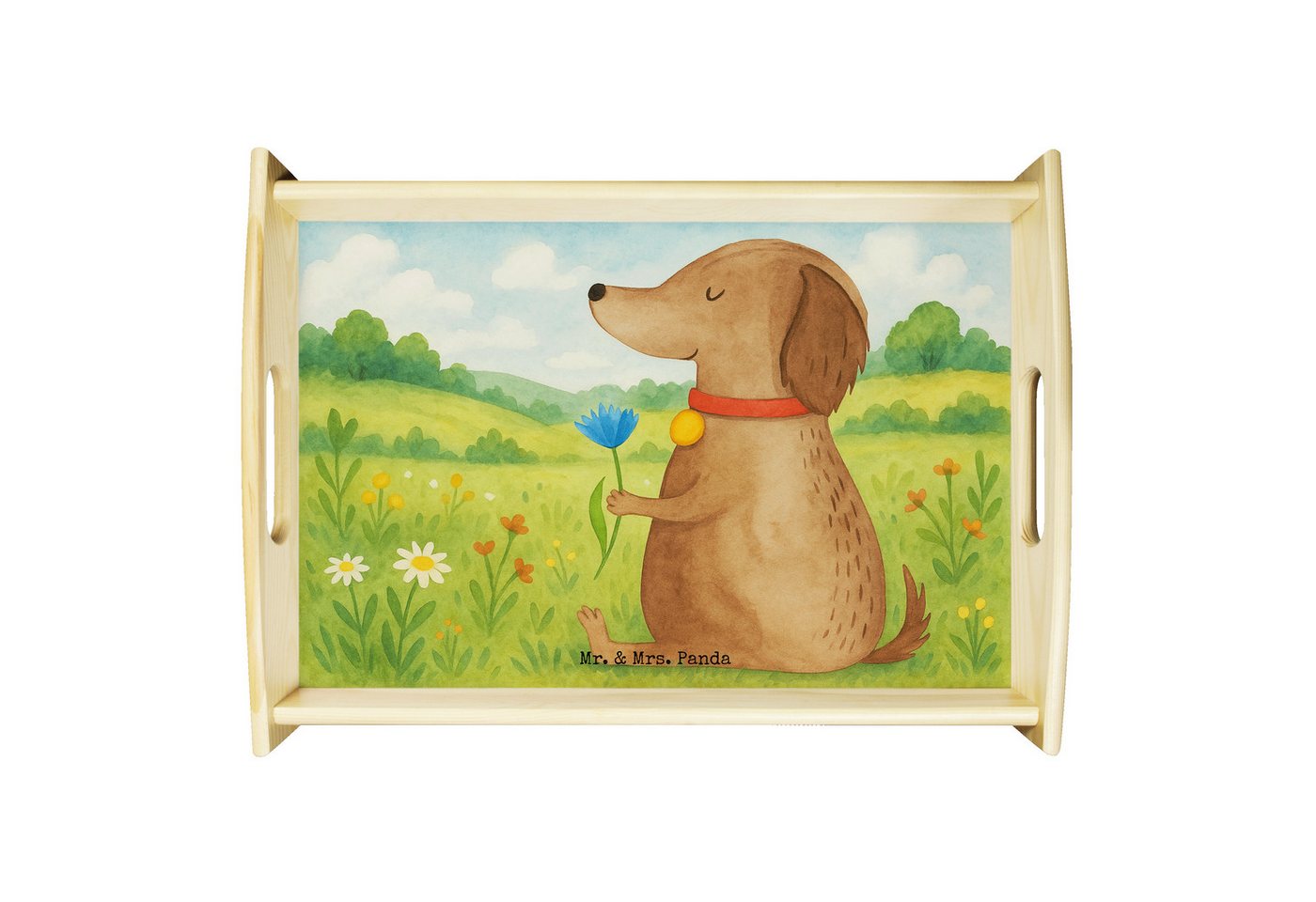 Mr. & Mrs. Panda Tablett Hund Blume Design, betttablett, Weiß, Süß, serviertablett aus holz, H, Echtholz lasiert, (Packung, 1-tlg) von Mr. & Mrs. Panda