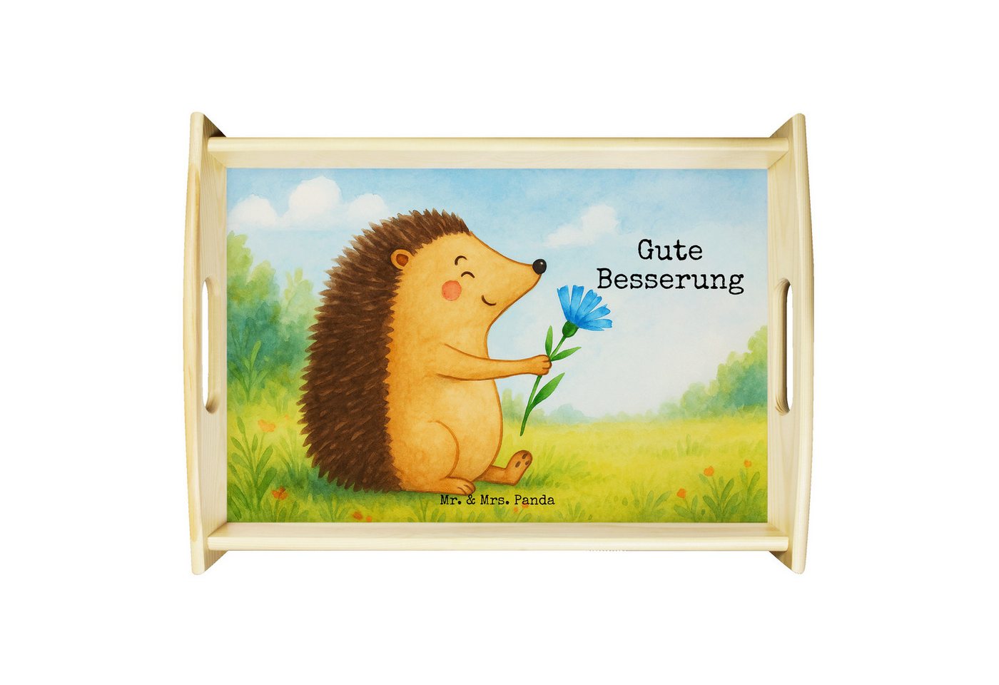 Mr. & Mrs. Panda Tablett Igel Blumen Design, betttablett, Weiß, Gute Besserung, Krankheit, Küc, Echtholz lasiert, (Packung, 1-tlg) von Mr. & Mrs. Panda