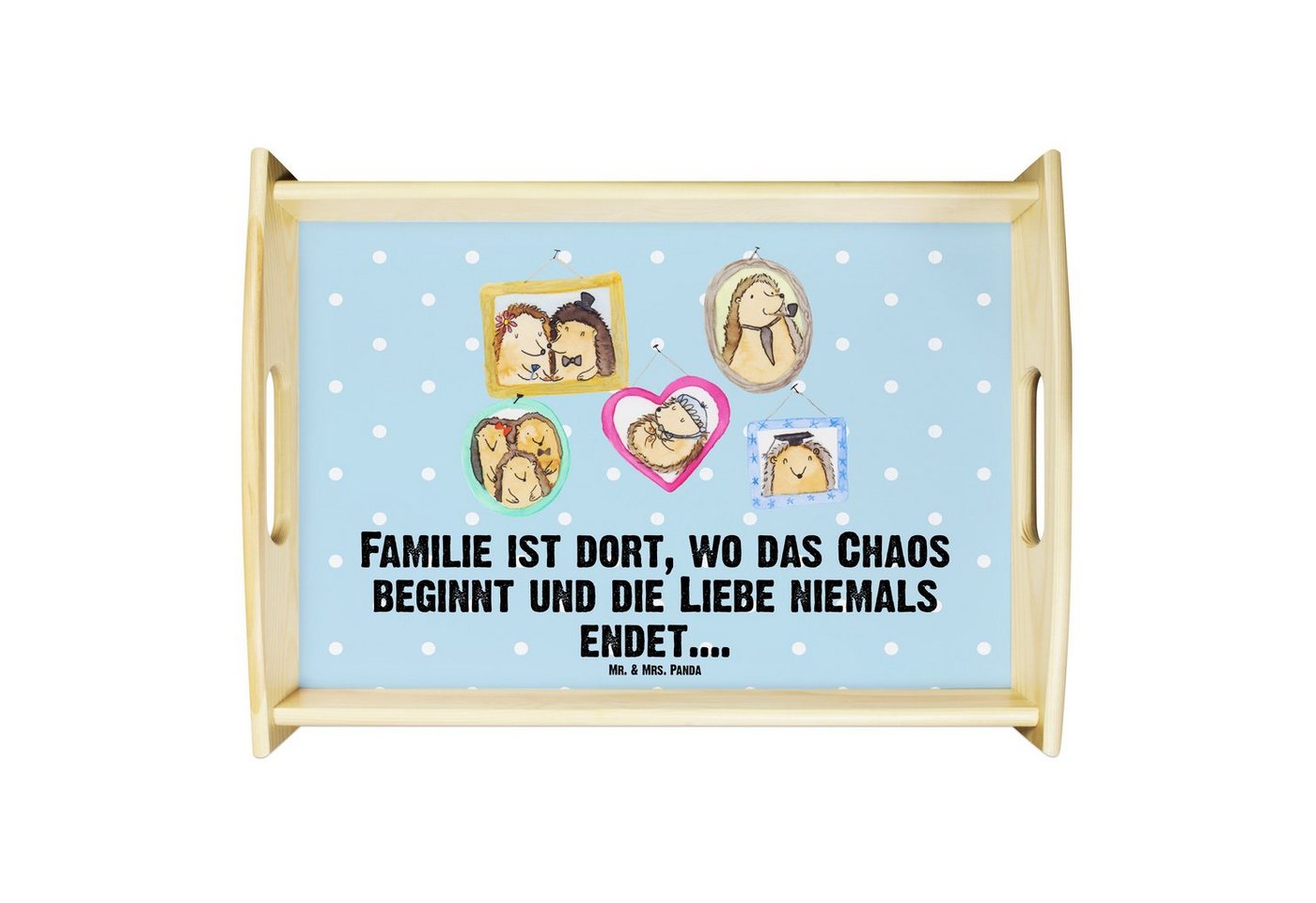 Mr. & Mrs. Panda Tablett Igel Familie - Blau Pastell - Geschenk, Dekotablett, Glück, Bilder, S, Echtholz lasiert, (1-tlg), Strahlender Aufdruck von Mr. & Mrs. Panda