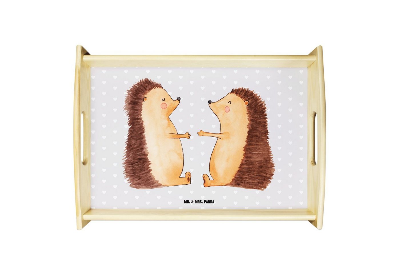 Mr. & Mrs. Panda Tablett Igel Liebe - Grau Pastell - Geschenk, Heiratsantrag, Tablett, Verheir, Echtholz lasiert, (1-tlg), Kratzfeste Oberfläche von Mr. & Mrs. Panda