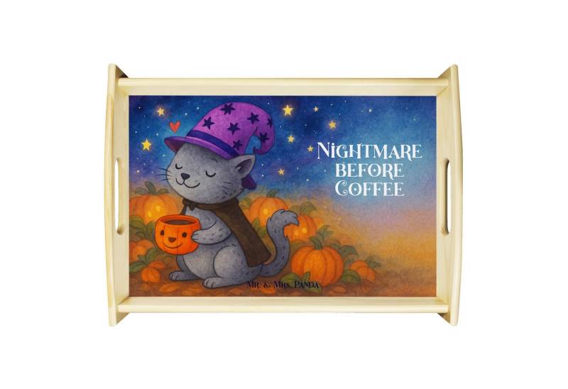 Mr. & Mrs. Panda Tablett Kater Kaffee Design, Tablett, Weiß, betttablett, Magie, tablett aus h, Echtholz lasiert, (Packung, 1-tlg) von Mr. & Mrs. Panda