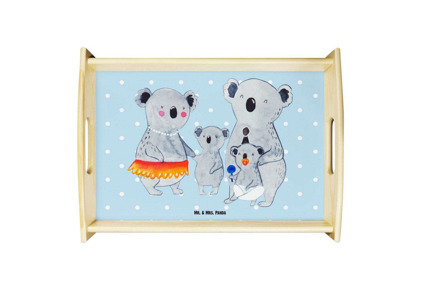 Mr. & Mrs. Panda Tablett Koala Familie - Blau Pastell - Geschenk, Oma, Mama, Muttertag, Holzta, Echtholz lasiert, (1-tlg), Kratzfeste Oberfläche von Mr. & Mrs. Panda