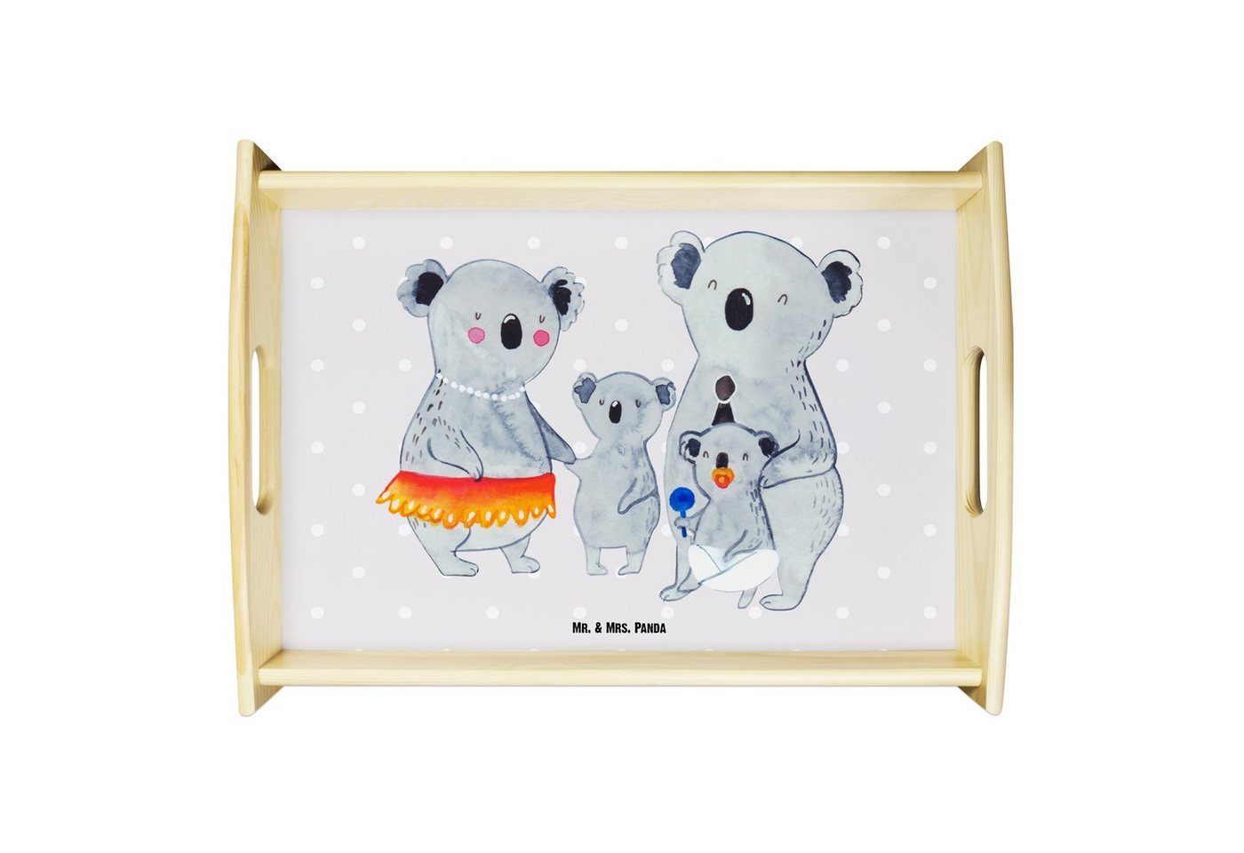 Mr. & Mrs. Panda Tablett Koala Familie - Grau Pastell - Geschenk, Holztablett, Schwester, Früh, Echtholz lasiert, (1-tlg), Anti-Rutsch Pads von Mr. & Mrs. Panda