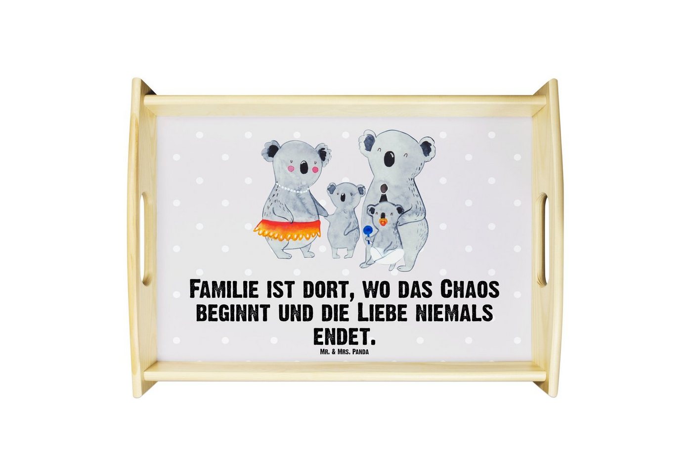 Mr. & Mrs. Panda Tablett Koala Familie - Grau Pastell - Geschenk, Küchentablett, Holztablett, Echtholz lasiert, (1-tlg), Kratzfeste Oberfläche von Mr. & Mrs. Panda