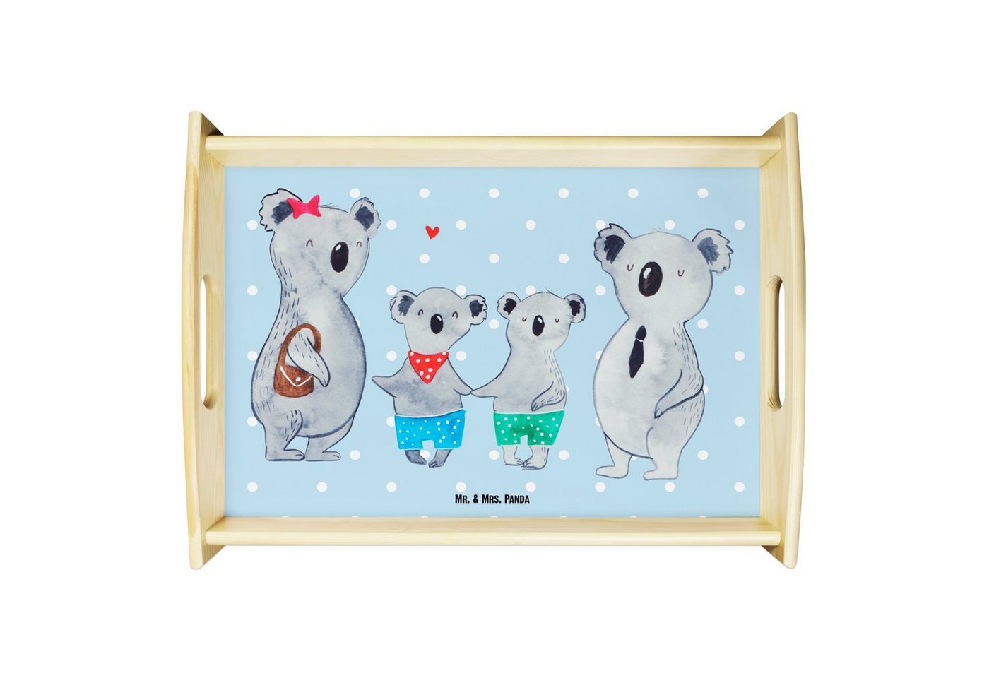 Mr. & Mrs. Panda Tablett Koala Familie zwei - Blau Pastell - Geschenk, Opa, Frühstückstablett, Echtholz lasiert, (1-tlg), Kratzfeste Oberfläche von Mr. & Mrs. Panda