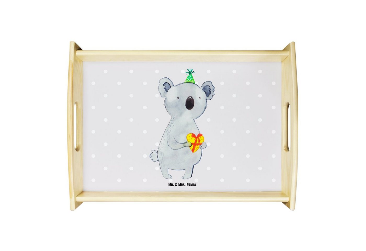 Mr. & Mrs. Panda Tablett Koala Geschenk - Grau Pastell - Tablett, Party, Küchentablett, Geburt, Echtholz lasiert, (1-tlg), Strahlender Aufdruck von Mr. & Mrs. Panda