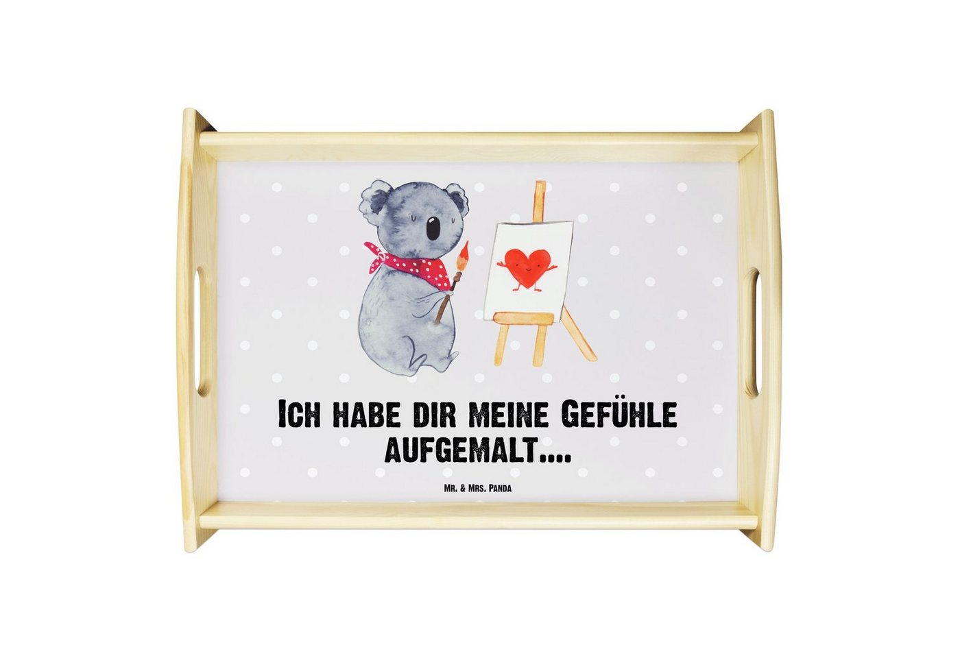 Mr. & Mrs. Panda Tablett Koala Künstler - Grau Pastell - Geschenk, zeichnen, Dekotablett, Koal, Echtholz lasiert, (1-tlg), Strahlender Aufdruck von Mr. & Mrs. Panda