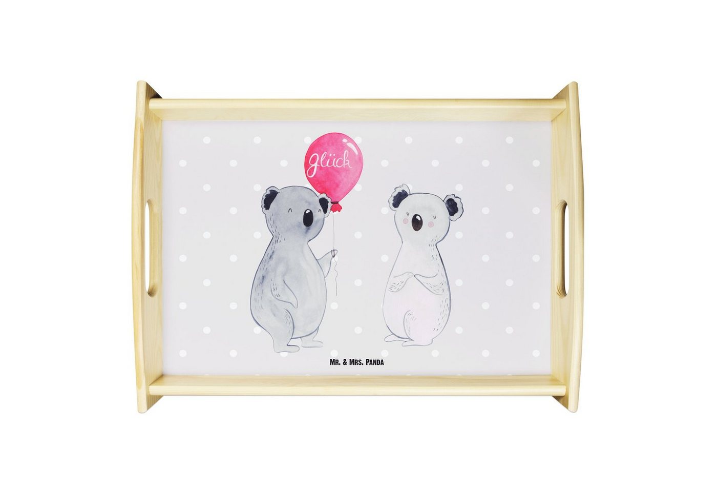 Mr. & Mrs. Panda Tablett Koala Luftballon - Grau Pastell - Geschenk, Koalabär, Party, Geburtst, Echtholz lasiert, (1-tlg), Kratzfeste Oberfläche von Mr. & Mrs. Panda