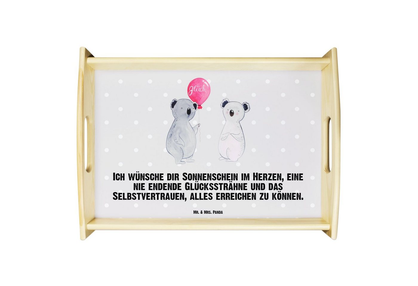 Mr. & Mrs. Panda Tablett Koala Luftballon - Grau Pastell - Geschenk, Tablett, Party, Frühstück, Echtholz lasiert, (1-tlg), Anti-Rutsch Pads von Mr. & Mrs. Panda