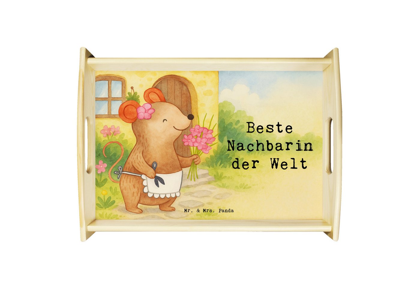 Mr. & Mrs. Panda Tablett Maus Beste Nachbarin der Welt Design, betttablett, Weiß, Dankeschön, Echtholz lasiert, (Packung, 1-tlg) von Mr. & Mrs. Panda