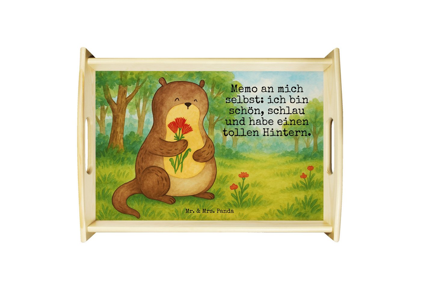 Mr. & Mrs. Panda Tablett Otter Blumenstrauß Design, betttablett, Weiß, Holztablett, Selbstlieb, Echtholz lasiert, (Packung, 1-tlg) von Mr. & Mrs. Panda