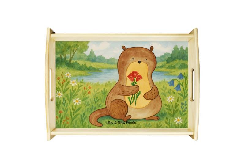 Mr. & Mrs. Panda Tablett Otter Blumenstrauß Design, Tablett, Weiß, betttablett, tablett für be, Echtholz lasiert, (Packung, 1-tlg) von Mr. & Mrs. Panda