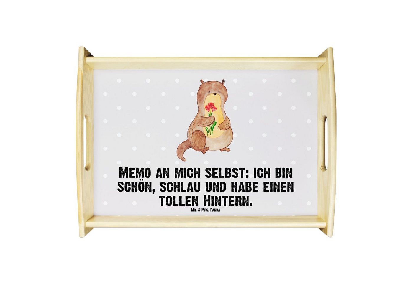 Mr. & Mrs. Panda Tablett Otter Blumenstrauß - Grau Pastell - Geschenk, niedlich, Seeotter, Küc, Echtholz lasiert, (1-tlg), Anti-Rutsch Pads von Mr. & Mrs. Panda