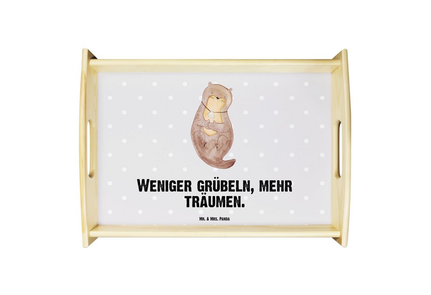 Mr. & Mrs. Panda Tablett Otter Muschel - Grau Pastell - Geschenk, Küchentablett, Holztablett, Echtholz lasiert, (1-tlg), Anti-Rutsch Pads von Mr. & Mrs. Panda