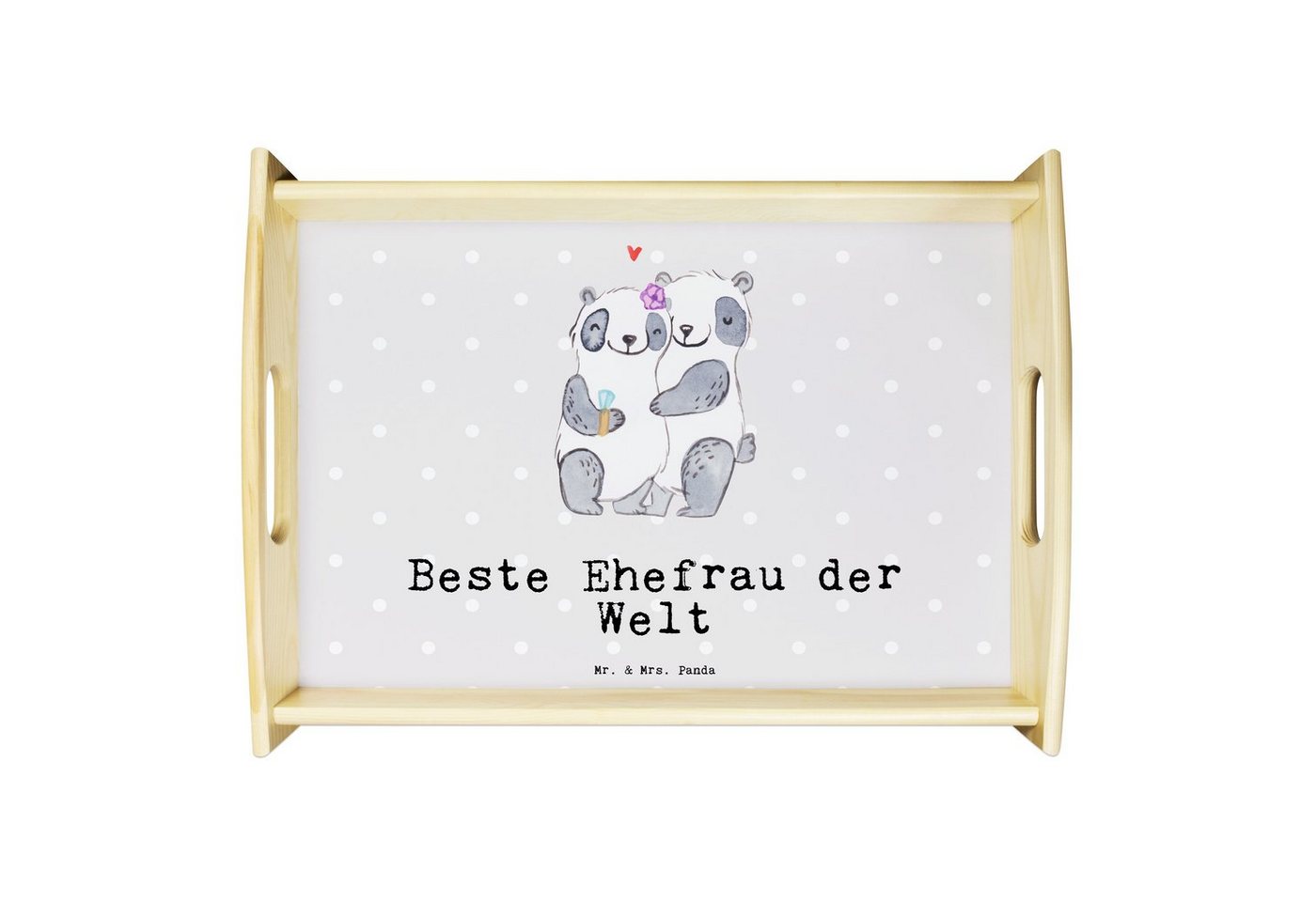 Mr. & Mrs. Panda Tablett Panda Beste Ehefrau der Welt - Grau Pastell - Geschenk, Dekotablett, Echtholz lasiert, (1-tlg), Kratzfeste Oberfläche von Mr. & Mrs. Panda