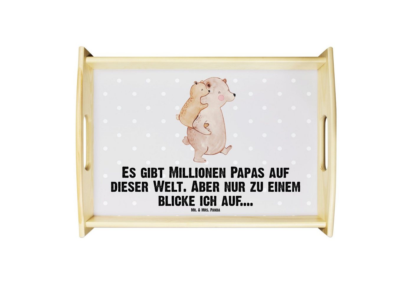 Mr. & Mrs. Panda Tablett Papa Bär - Grau Pastell - Geschenk, Vatertag, Frühstückstablett, welt, Echtholz lasiert, (1-tlg), Strahlender Aufdruck von Mr. & Mrs. Panda