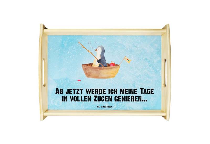 Mr. & Mrs. Panda Tablett Pinguin Angelboot - Eisblau - Geschenk, Lebenslust, Holztablett, Deko, Echtholz lasiert, (1-tlg), Kratzfeste Oberfläche von Mr. & Mrs. Panda