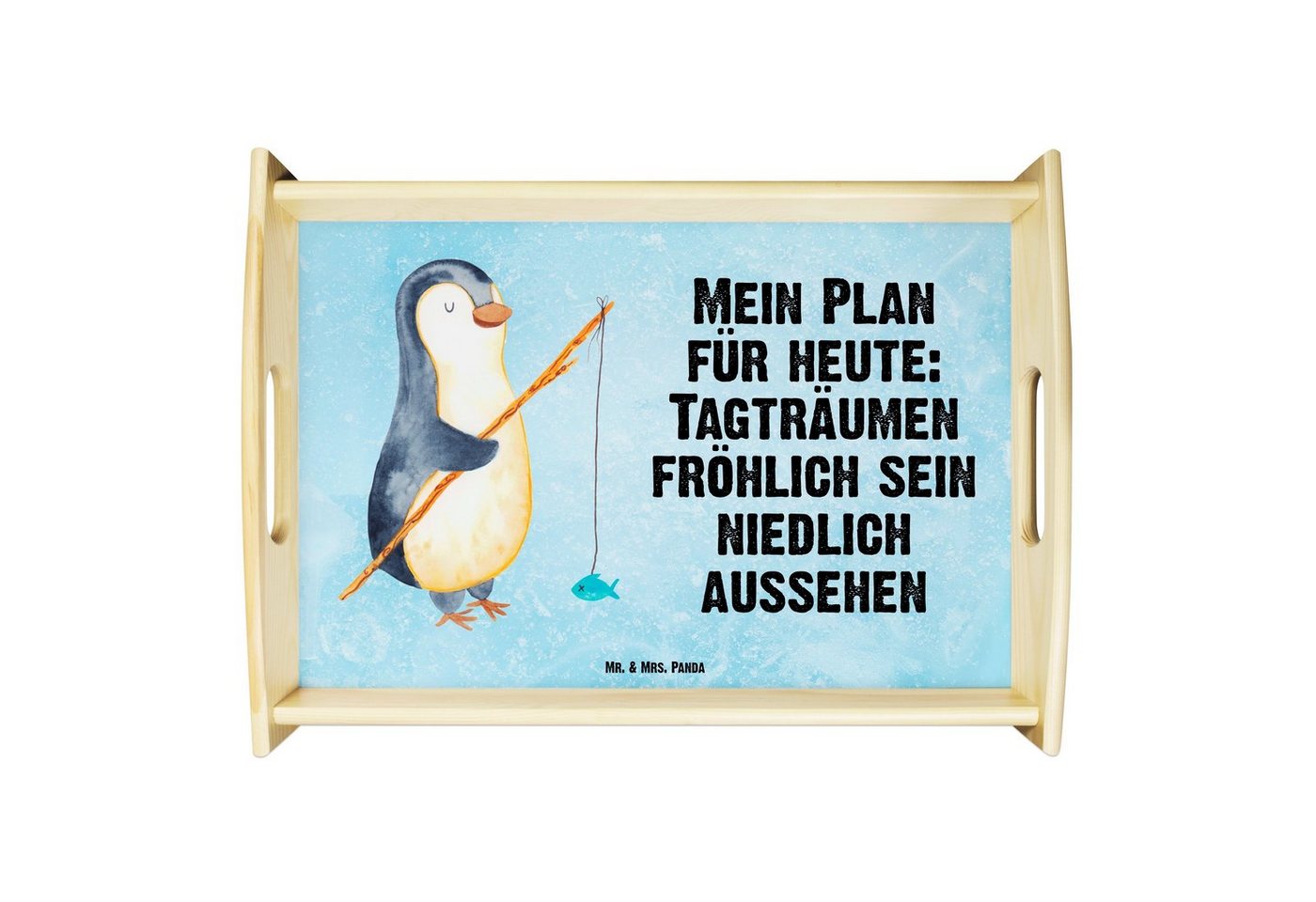 Mr. & Mrs. Panda Tablett Pinguin Angler - Eisblau - Geschenk, Urlaub, Angelurlaub, Dekotablett, Echtholz lasiert, (1-tlg), Kratzfeste Oberfläche von Mr. & Mrs. Panda