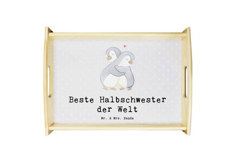 Mr. & Mrs. Panda Tablett Pinguin Beste Halbschwester der Welt - Grau Pastell - Geschenk, Holzt, Echtholz lasiert, (Packung, 1-tlg., Pinguin Beste Halbschwester der Welt), Anti-Rutsch Pad von Mr. & Mrs. Panda