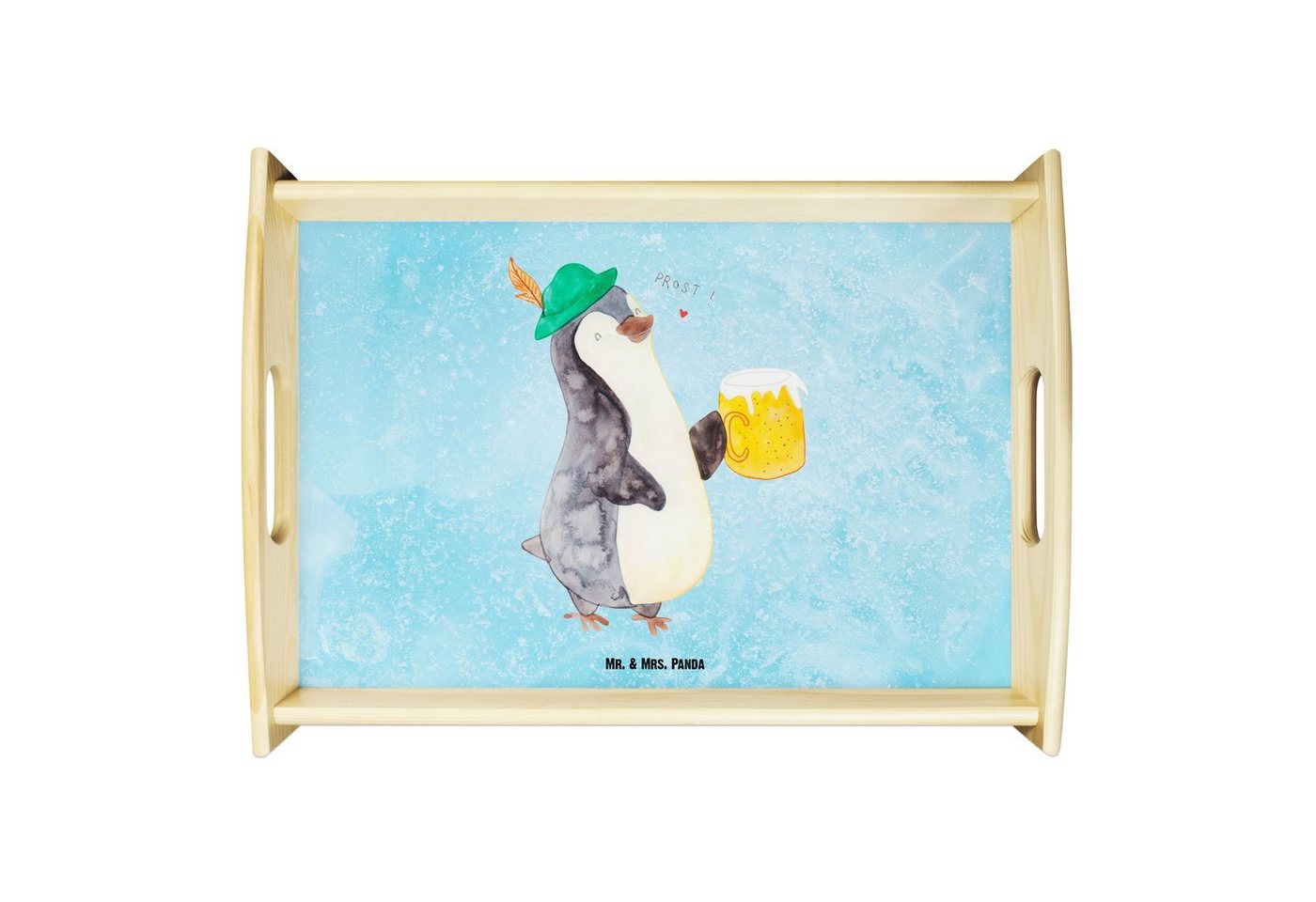 Mr. & Mrs. Panda Tablett Pinguin Bier - Eisblau - Geschenk, Dekotablett, Tablett, Holztablett, Echtholz lasiert, (1-tlg), Strahlender Aufdruck von Mr. & Mrs. Panda
