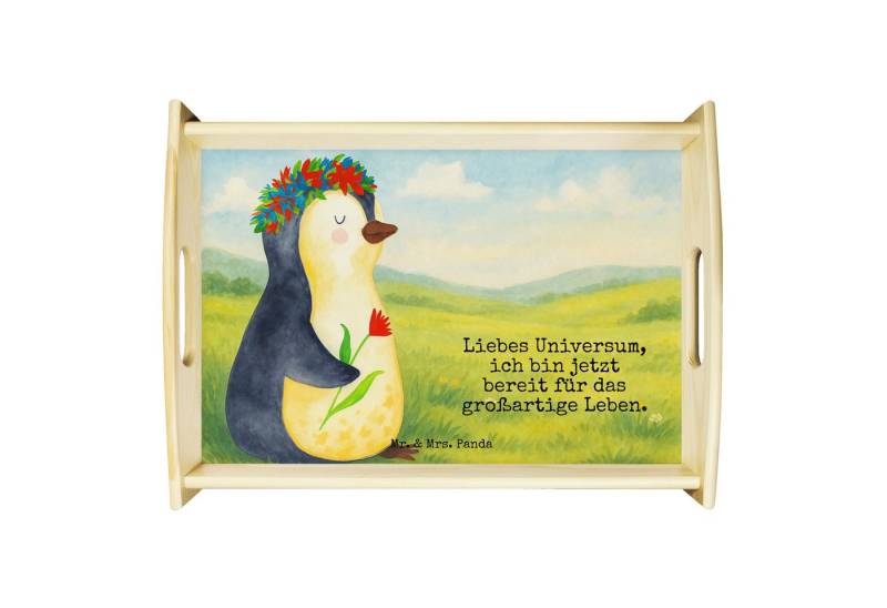 Mr. & Mrs. Panda Tablett Pinguin Blumen Design, Tablett, Weiß, Lebenslust, Servier Tablett, Ge, Echtholz lasiert, (Packung, 1-tlg) von Mr. & Mrs. Panda