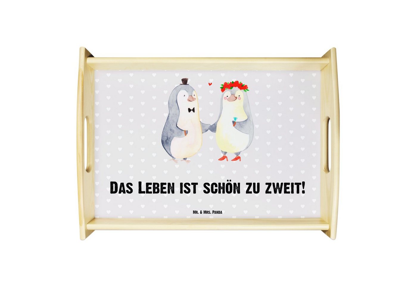 Mr. & Mrs. Panda Tablett Pinguin Heirat - Grau Pastell - Geschenk, Dekotablett, Heiraten, Brau, Echtholz lasiert, (1-tlg), Kratzfeste Oberfläche von Mr. & Mrs. Panda