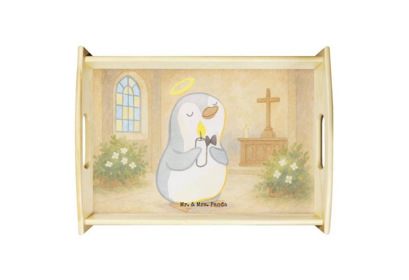 Mr. & Mrs. Panda Tablett Pinguin Kommunion Design, Servier Tablett, Weiß, Holztablett, Tablett, Echtholz lasiert, (Packung, 1-tlg) von Mr. & Mrs. Panda