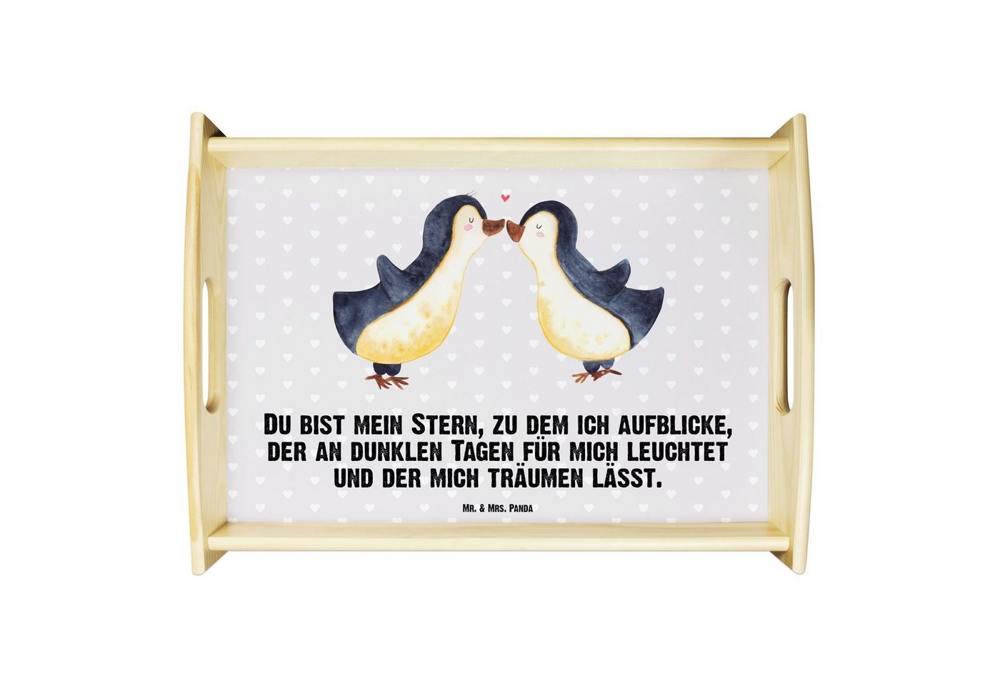 Mr. & Mrs. Panda Tablett Pinguin Liebe - Grau Pastell - Geschenk, Frühstückstablett, Dekotable, Echtholz lasiert, (1-tlg), Strahlender Aufdruck von Mr. & Mrs. Panda