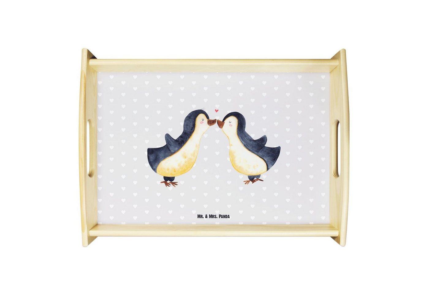 Mr. & Mrs. Panda Tablett Pinguin Liebe - Grau Pastell - Geschenk, Pinguin Paar, Ehemann, Dekot, Echtholz lasiert, (1-tlg), Kratzfeste Oberfläche von Mr. & Mrs. Panda