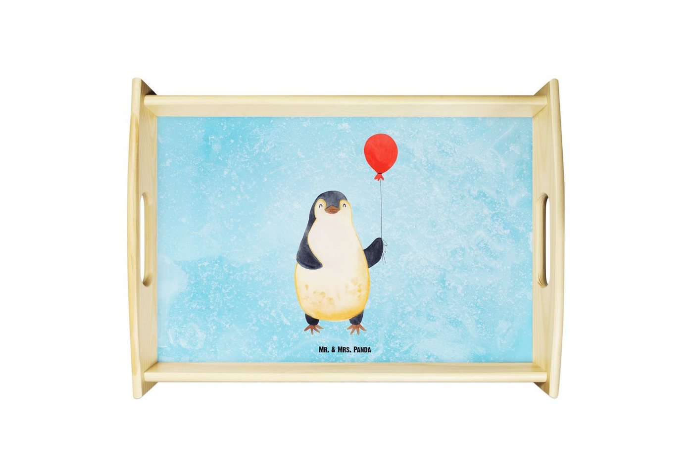 Mr. & Mrs. Panda Tablett Pinguin Luftballon - Eisblau - Geschenk, Geschenkidee, Tablett, Frühs, Echtholz lasiert, (1-tlg), Anti-Rutsch Pads von Mr. & Mrs. Panda