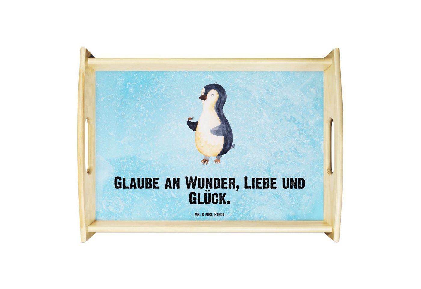 Mr. & Mrs. Panda Tablett Pinguin Marienkäfer - Eisblau - Geschenk, Frühstückstablett, Dekotabl, Echtholz lasiert, (1-tlg), Anti-Rutsch Pads von Mr. & Mrs. Panda