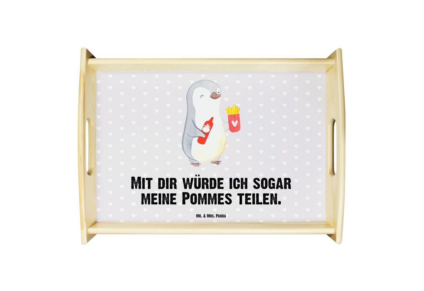 Mr. & Mrs. Panda Tablett Pinguin Pommes - Grau Pastell - Geschenk, Valentinstag, Dekotablett, Echtholz lasiert, (1-tlg), Anti-Rutsch Pads von Mr. & Mrs. Panda
